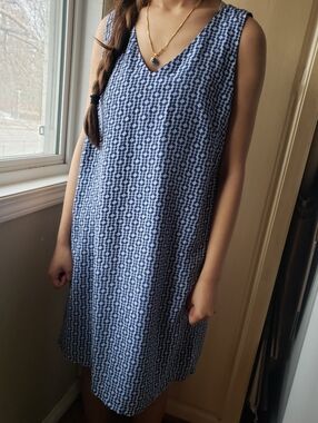 mercer & madison Blue and White Sleeveless V‑Neck Midi Dress